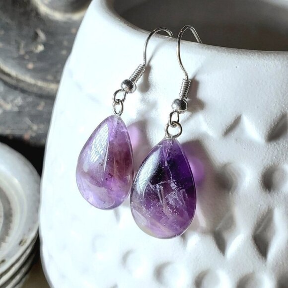 Amethyst Gemstone Puffed Teardrop Handcrafted Purple Silver Dangle Earrings - Picture 1 of 5